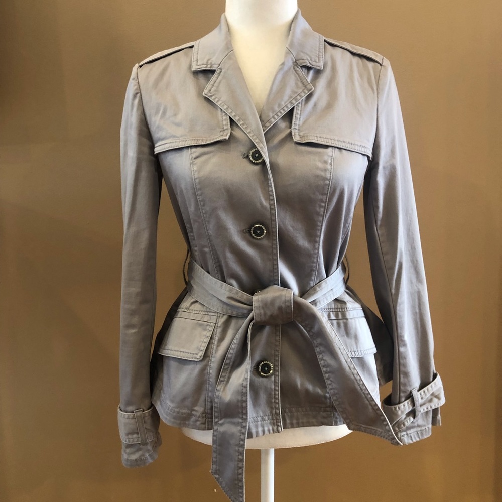 White House Black Market Gray Belted Utility Jacket w/  Rhinestone Buttons, Sz 0